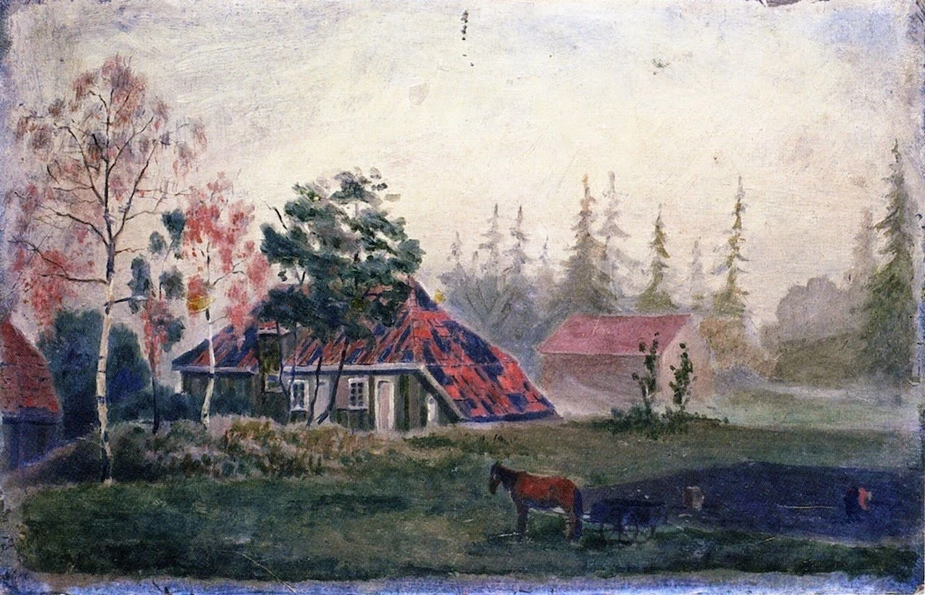 Cavallo e carro davanti ai fabbricati agricoli - 1880